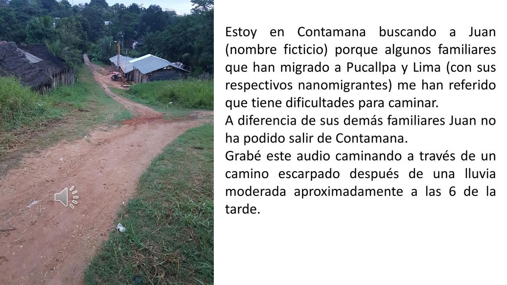 Estoy en Contamana buscando a Juan (nombre ficticio) porque algunos familiares que han migrado a Pucallpa y Lima (con sus respectivos nanomigrantes) me han referido que tiene dificultades para caminar.