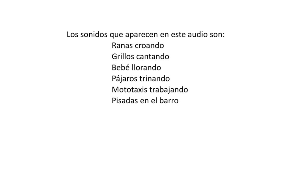 Los sonidos que aparecen en este audio son: Ranas croando Grillos cantando Bebé llorando Pájaros trinando Mototaxis trabajando Pisadas en el barro