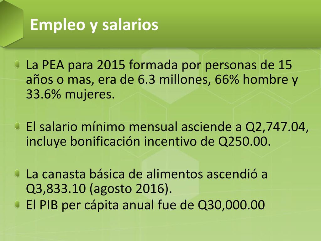Empleo y salarios La PEA para 2015 formada por personas de 15 años o mas, era de 6.3 millones, 66% hombre y 33.6% mujeres.