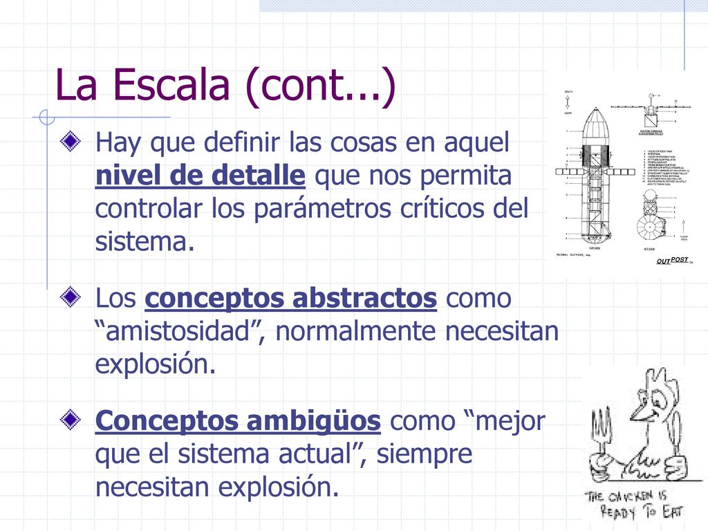 La Escala (cont...) Hay que definir las cosas en aquel nivel de detalle que nos permita controlar los parámetros críticos del sistema.