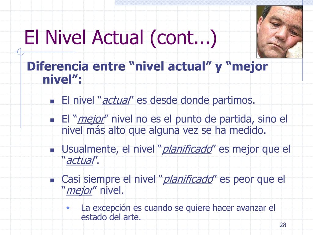El Nivel Actual (cont...) Diferencia entre nivel actual y mejor nivel : El nivel actual es desde donde partimos.