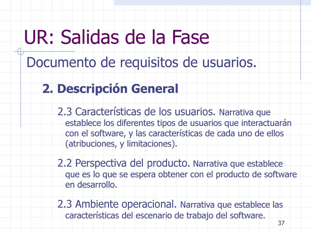 UR: Salidas de la Fase Documento de requisitos de usuarios.