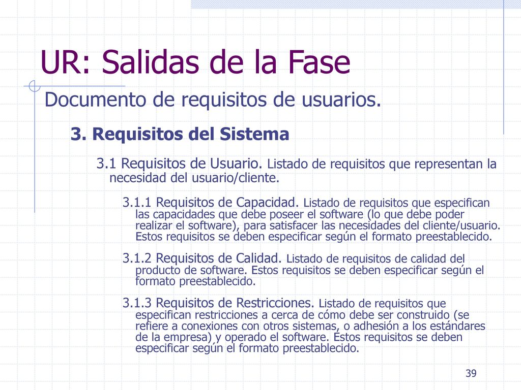 UR: Salidas de la Fase Documento de requisitos de usuarios.
