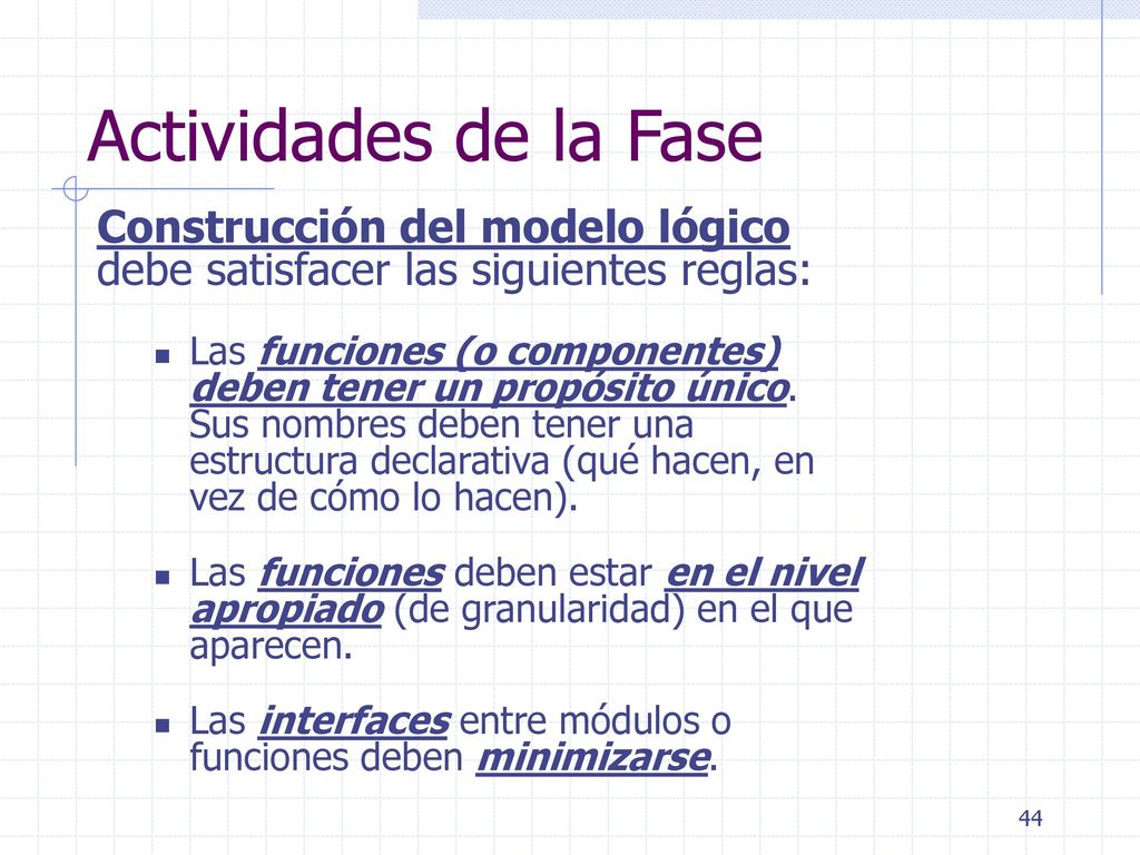 Actividades de la Fase Construcción del modelo lógico debe satisfacer las siguientes reglas: