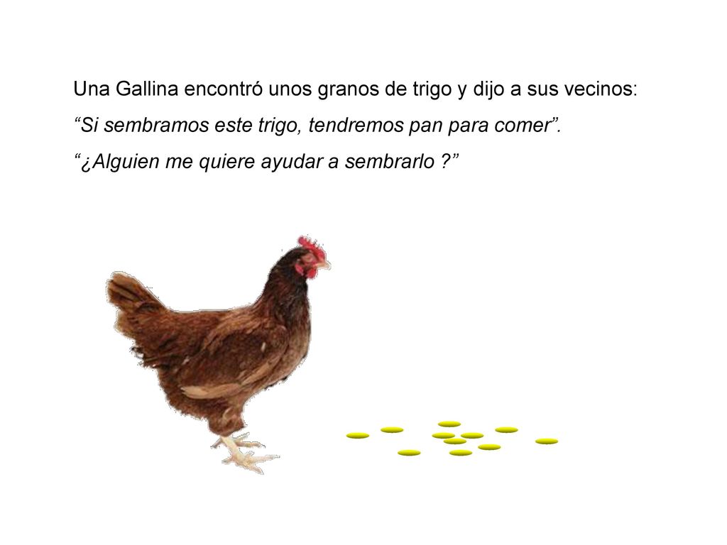Una Gallina encontró unos granos de trigo y dijo a sus vecinos: