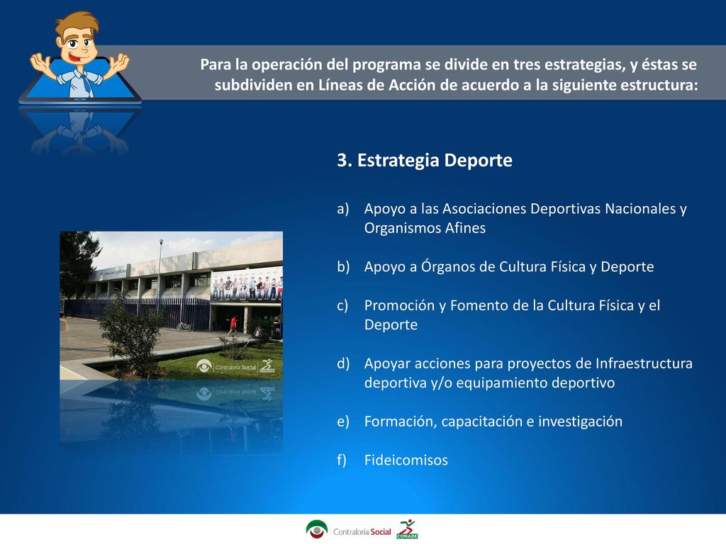 Para la operación del programa se divide en tres estrategias, y éstas se subdividen en Líneas de Acción de acuerdo a la siguiente estructura: