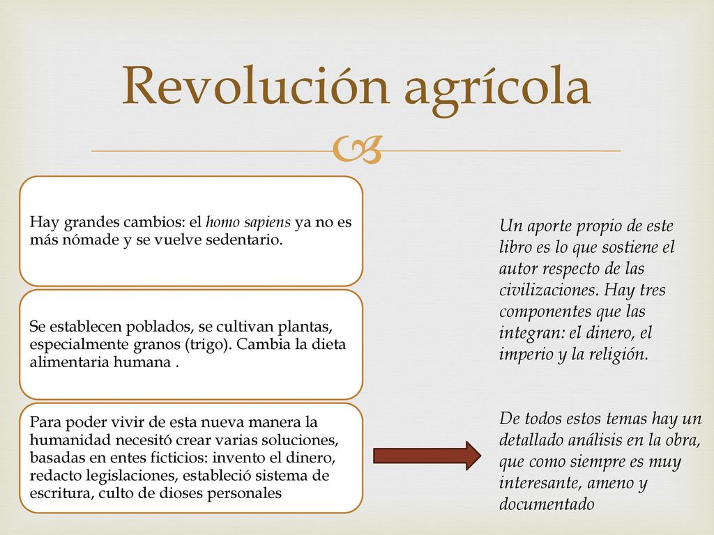 Revolución agrícola Hay grandes cambios: el homo sapiens ya no es más nómade y se vuelve sedentario.