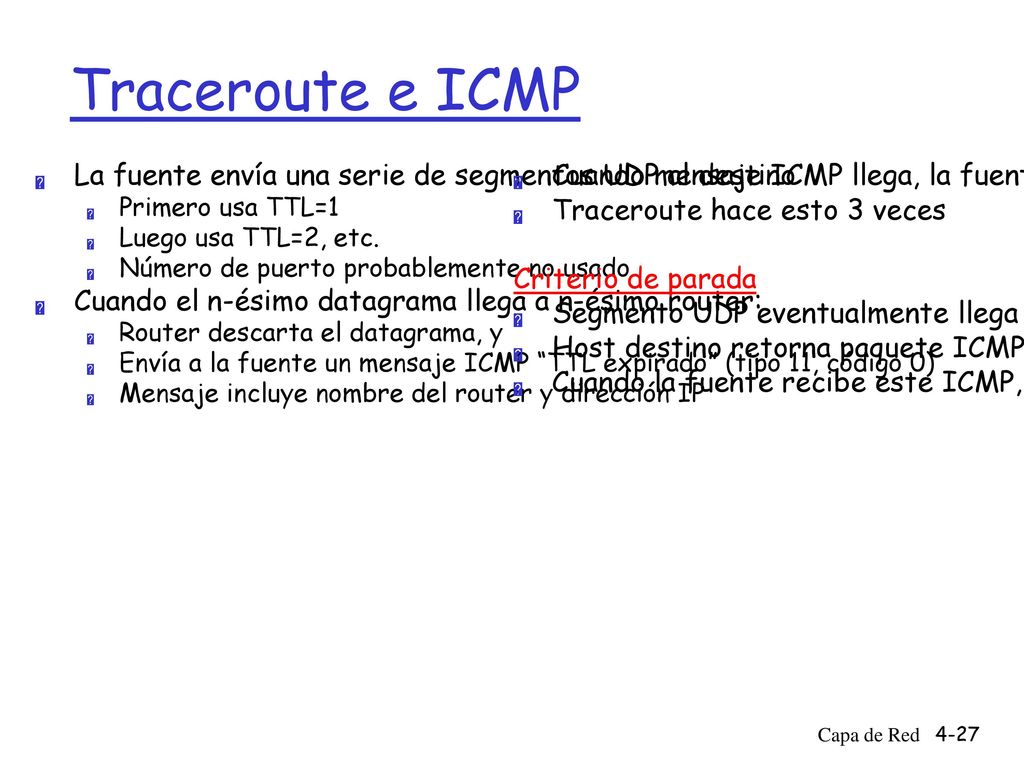 Traceroute e ICMP La fuente envía una serie de segmentos UDP al destino. Primero usa TTL=1. Luego usa TTL=2, etc.