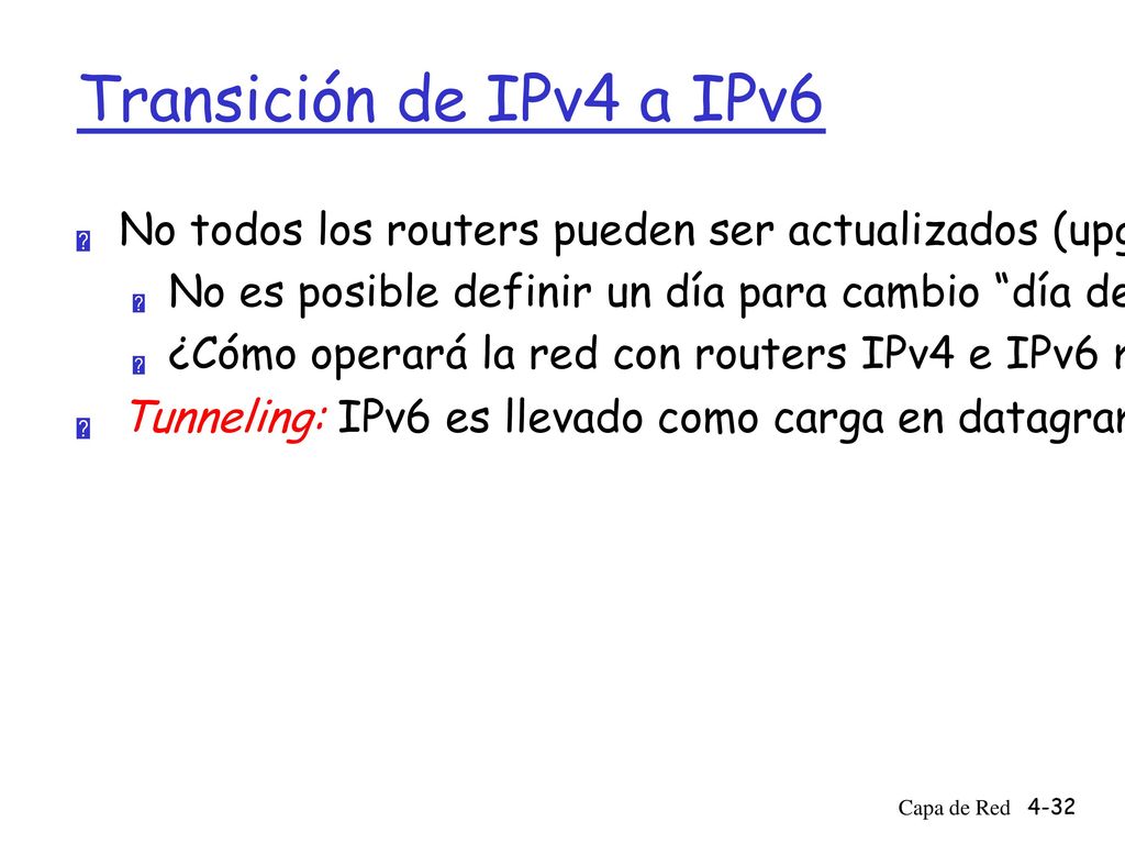 Transición de IPv4 a IPv6 No todos los routers pueden ser actualizados (upgraded) simultáneamente.