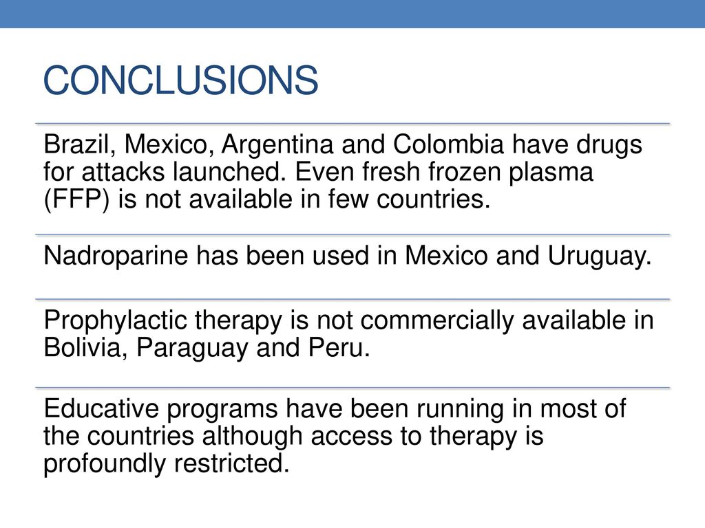 CONCLUSIONS Brazil, Mexico, Argentina and Colombia have drugs for attacks launched. Even fresh frozen plasma (FFP) is not available in few countries.
