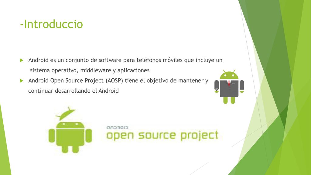 -Introduccio Android es un conjunto de software para teléfonos móviles que incluye un. sistema operativo, middleware y aplicaciones.