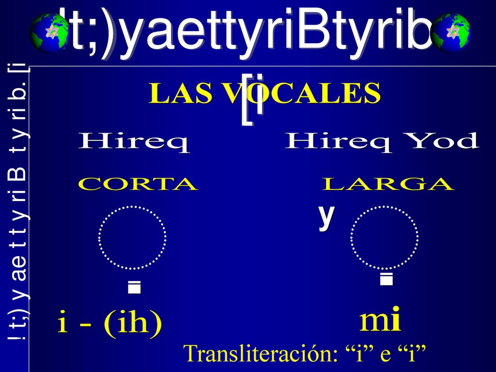 !t;)yaettyriBtyrib.[i LAS VOCALES Hireq Hireq Yod CORTA LARGA y i i mi