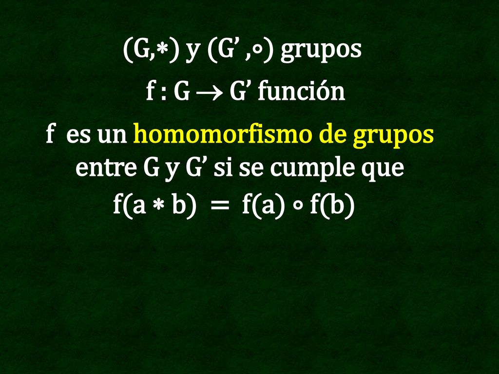 f es un homomorfismo de grupos entre G y G’ si se cumple que