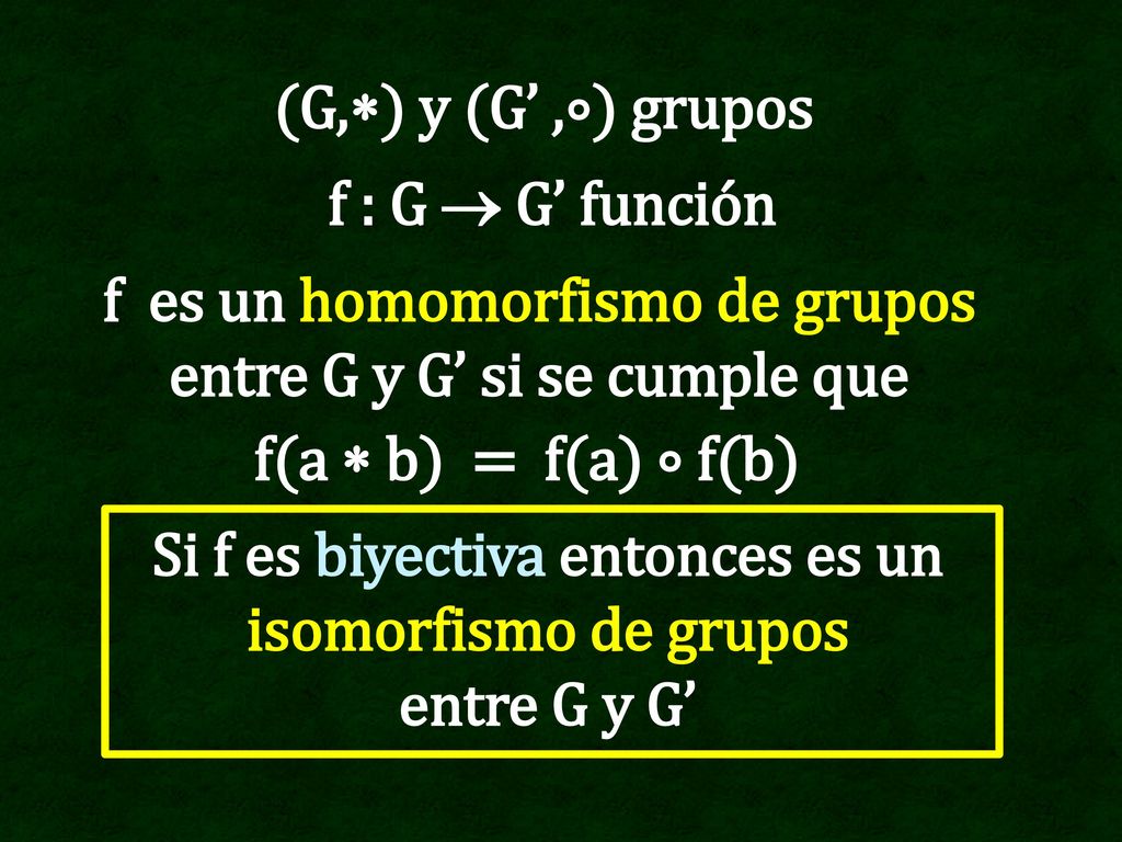f es un homomorfismo de grupos entre G y G’ si se cumple que
