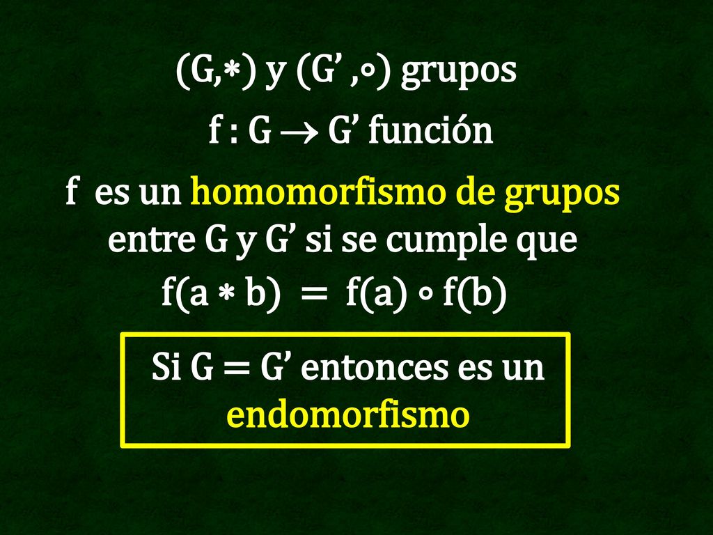 f es un homomorfismo de grupos entre G y G’ si se cumple que