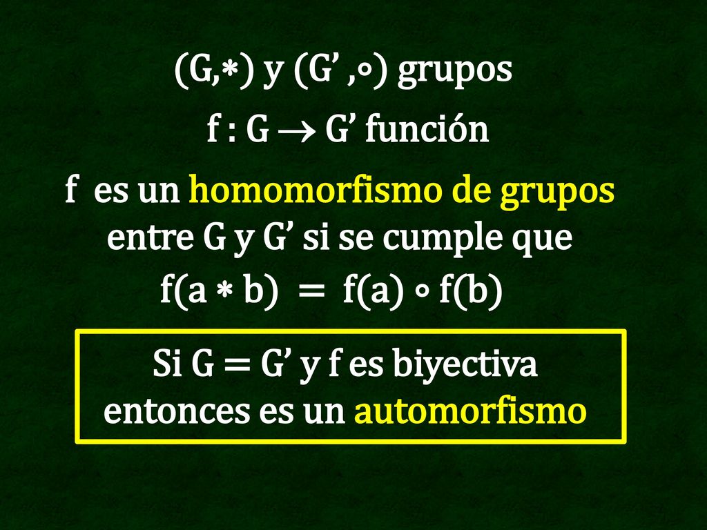 f es un homomorfismo de grupos entre G y G’ si se cumple que