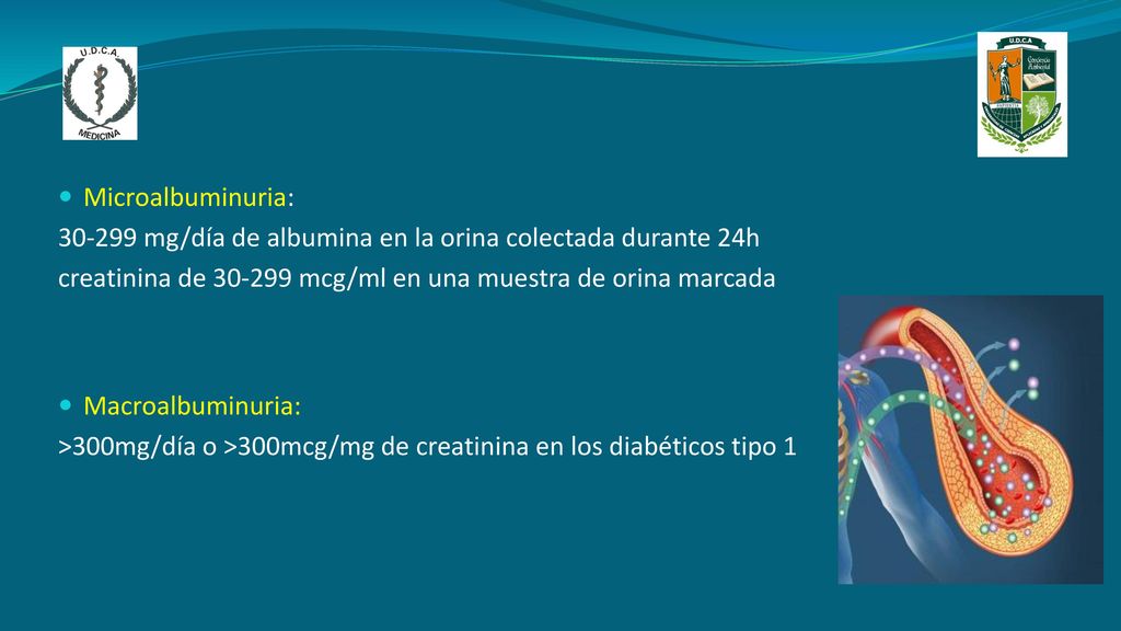 Microalbuminuria: mg/día de albumina en la orina colectada durante 24h. creatinina de mcg/ml en una muestra de orina marcada.