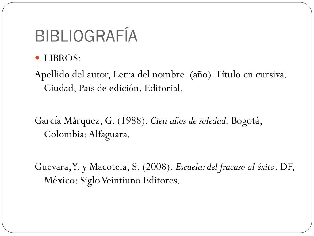BIBLIOGRAFÍA LIBROS: Apellido del autor, Letra del nombre. (año). Título en cursiva. Ciudad, País de edición. Editorial.