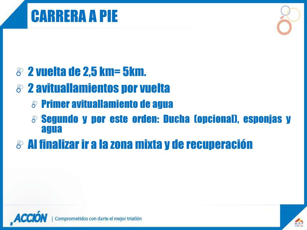 Carrera a pie 2 vuelta de 2,5 km= 5km. 2 avituallamientos por vuelta