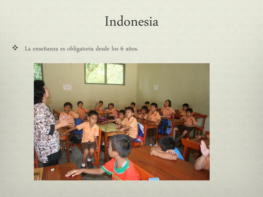 Indonesia La enseñanza es obligatoria desde los 6 años.