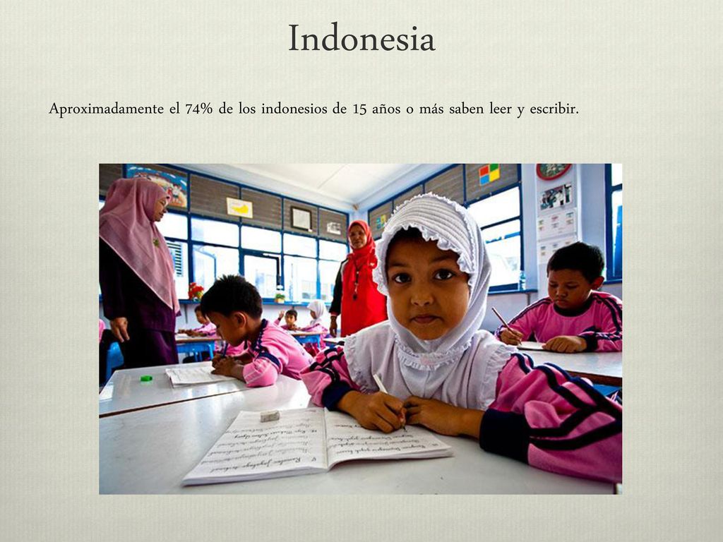 Indonesia Aproximadamente el 74% de los indonesios de 15 años o más saben leer y escribir.