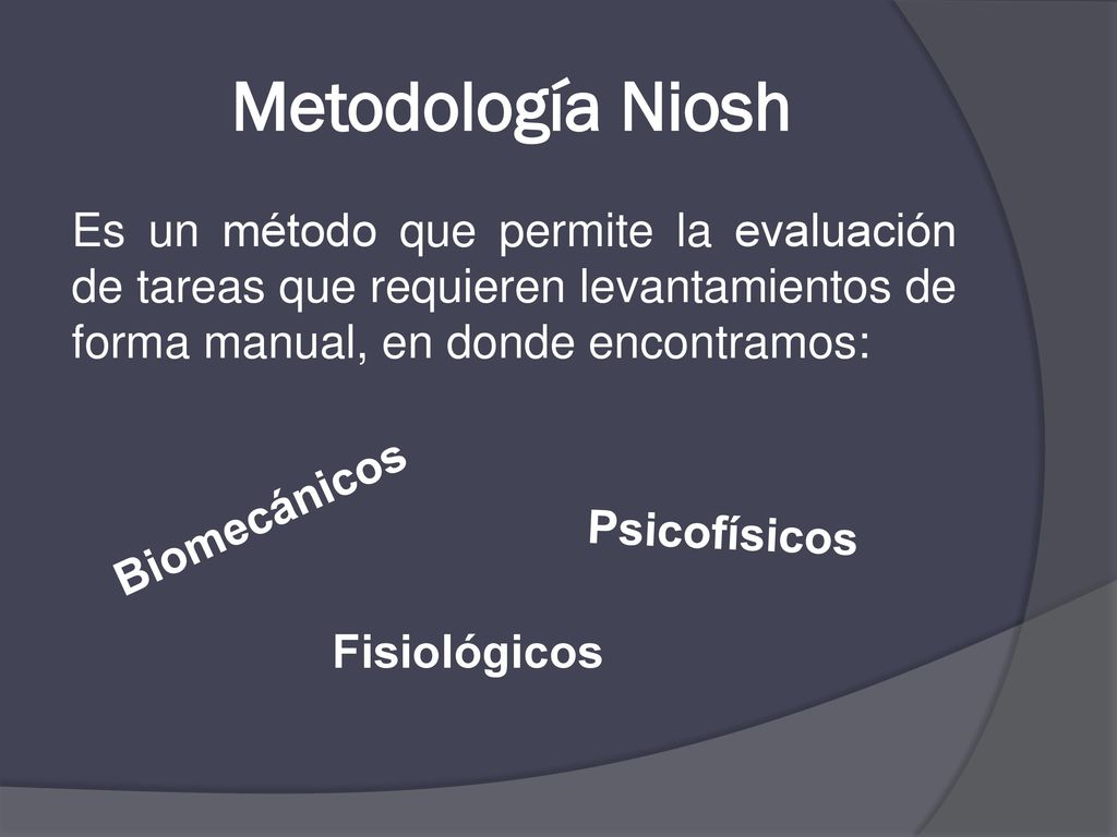 Metodología Niosh Es un método que permite la evaluación de tareas que requieren levantamientos de forma manual, en donde encontramos: