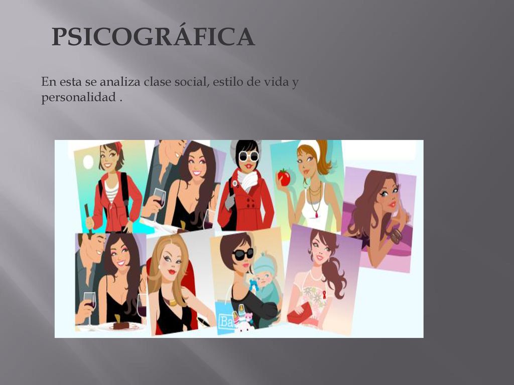 PSICOGRÁFICA En esta se analiza clase social, estilo de vida y personalidad .