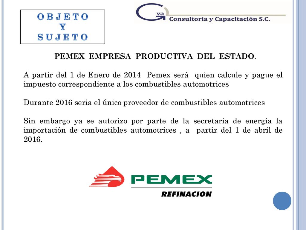 O B J E T O Y S U J E T O PEMEX EMPRESA PRODUCTIVA DEL ESTADO.