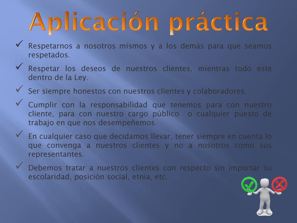 Aplicación práctica Respetarnos a nosotros mismos y a los demás para que seamos respetados.