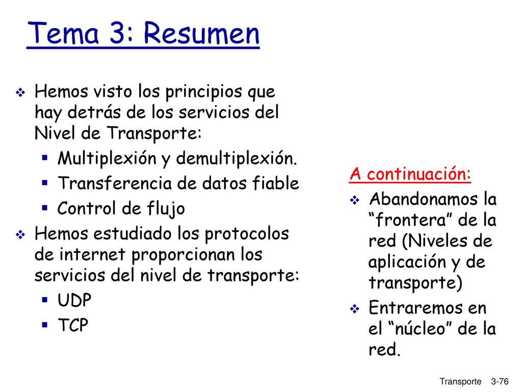 Tema 3: Resumen Hemos visto los principios que hay detrás de los servicios del Nivel de Transporte: