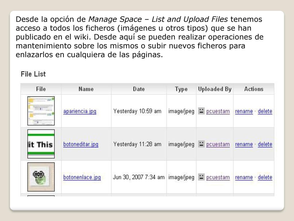 Desde la opción de Manage Space – List and Upload Files tenemos acceso a todos los ficheros (imágenes u otros tipos) que se han publicado en el wiki.