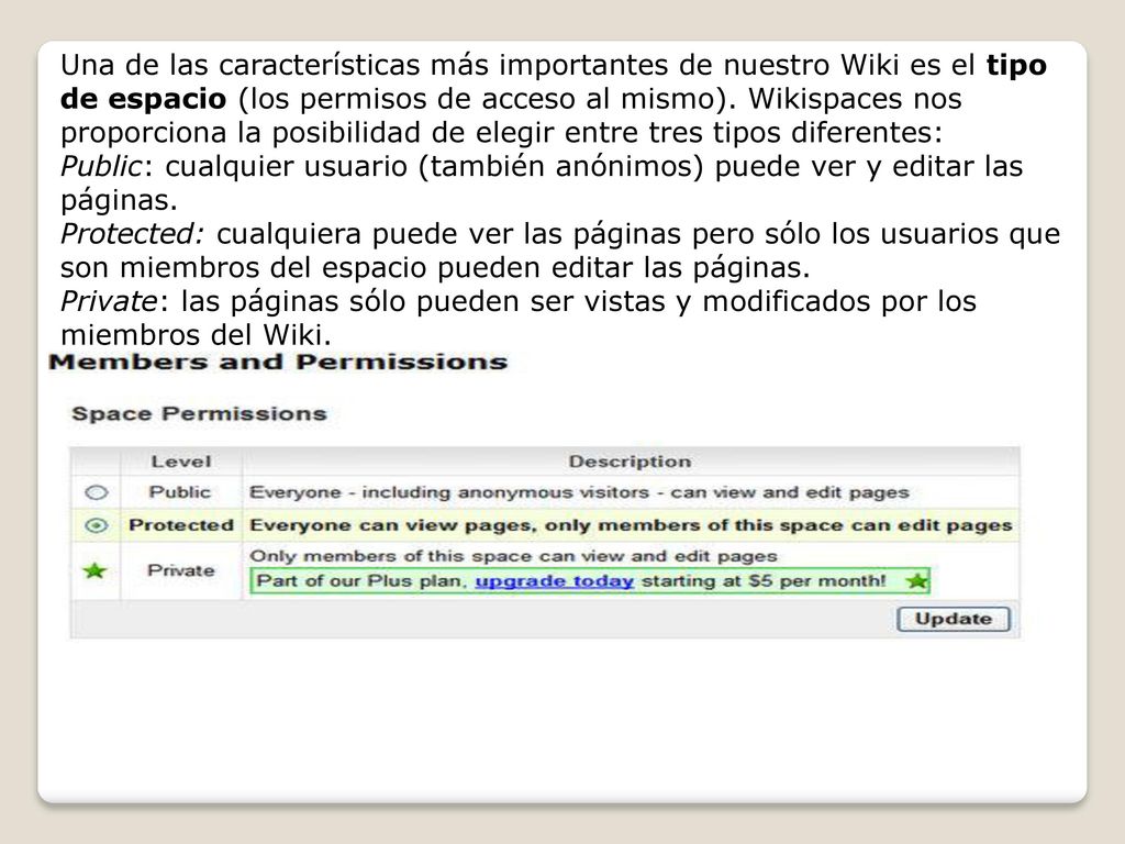 Una de las características más importantes de nuestro Wiki es el tipo de espacio (los permisos de acceso al mismo). Wikispaces nos proporciona la posibilidad de elegir entre tres tipos diferentes: Public: cualquier usuario (también anónimos) puede ver y editar las páginas.