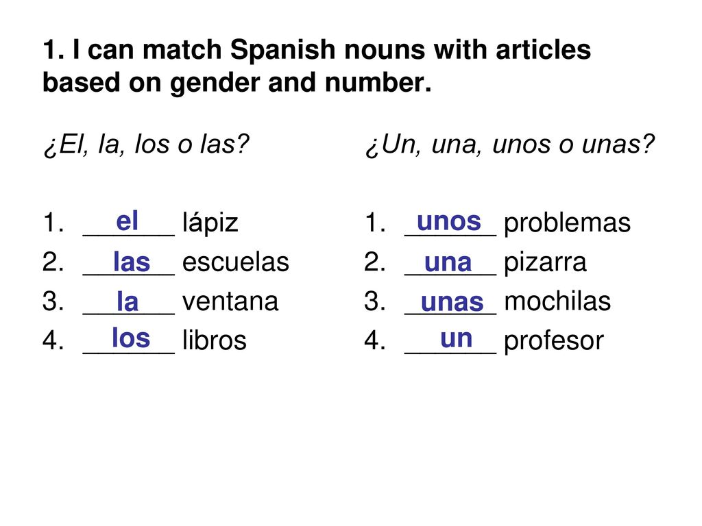 1. I can match Spanish nouns with articles based on gender and number.