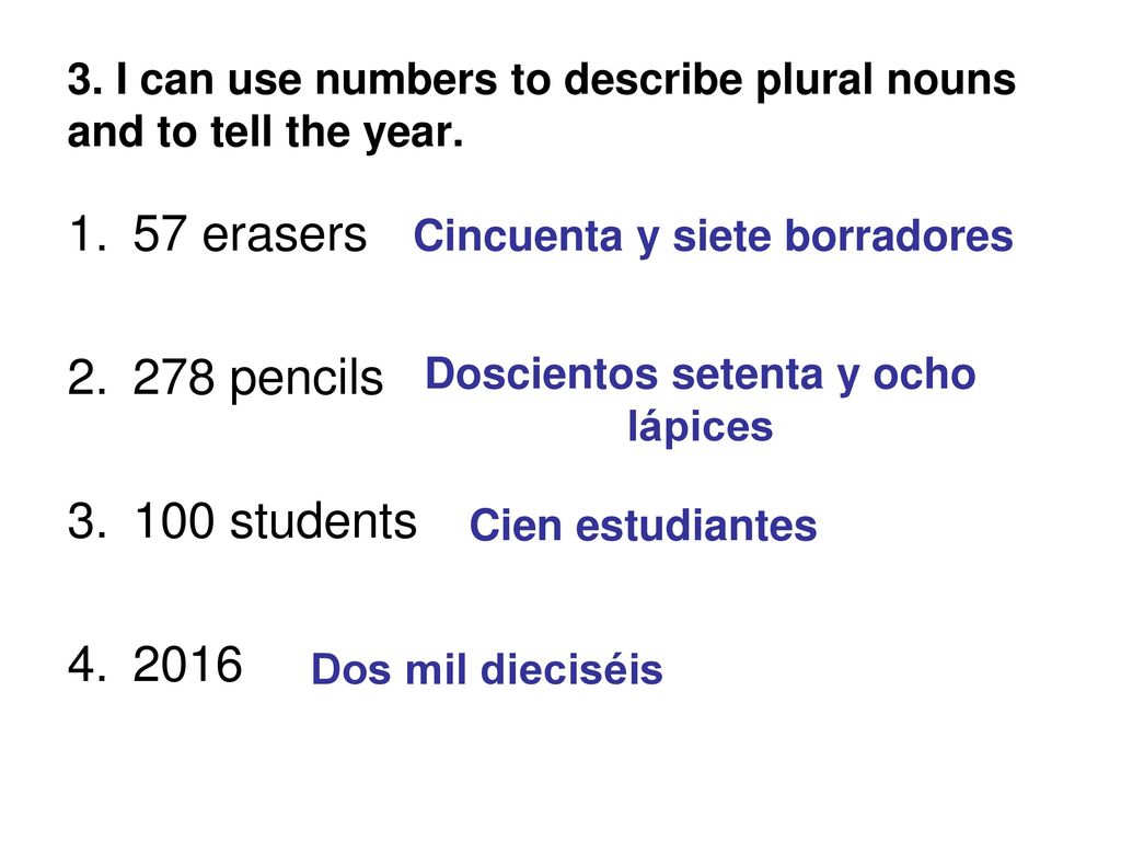 3. I can use numbers to describe plural nouns and to tell the year.