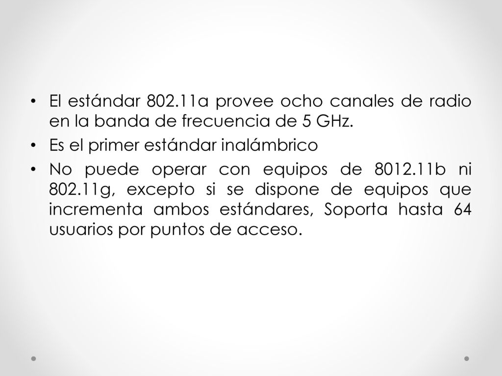 El estándar a provee ocho canales de radio en la banda de frecuencia de 5 GHz.