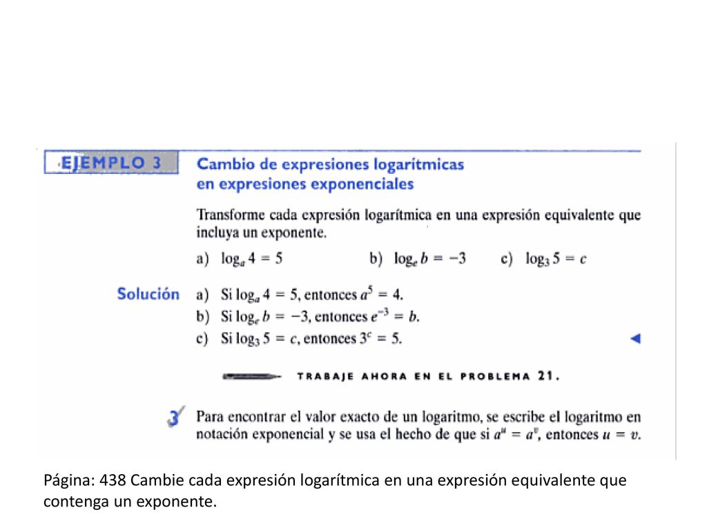 Página: 438 Cambie cada expresión logarítmica en una expresión equivalente que contenga un exponente.