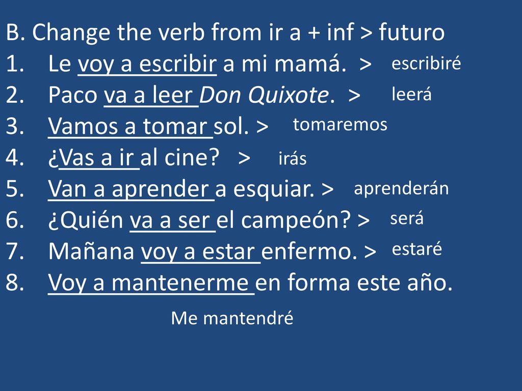 B. Change the verb from ir a + inf > futuro