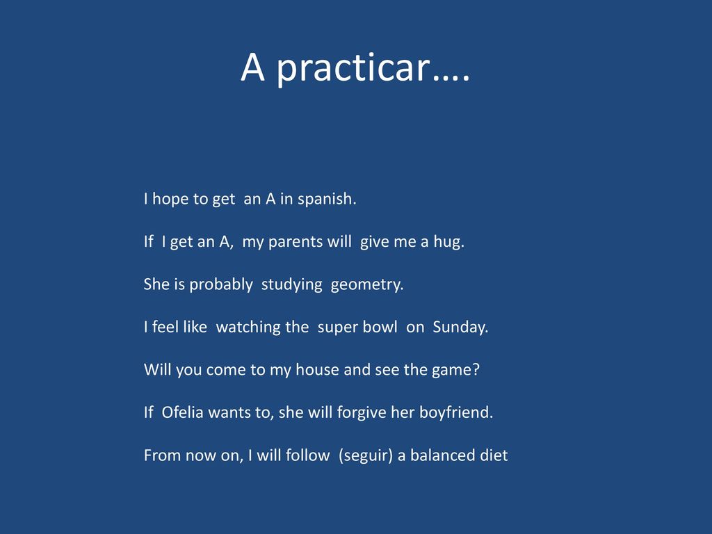 A practicar…. I hope to get an A in spanish.