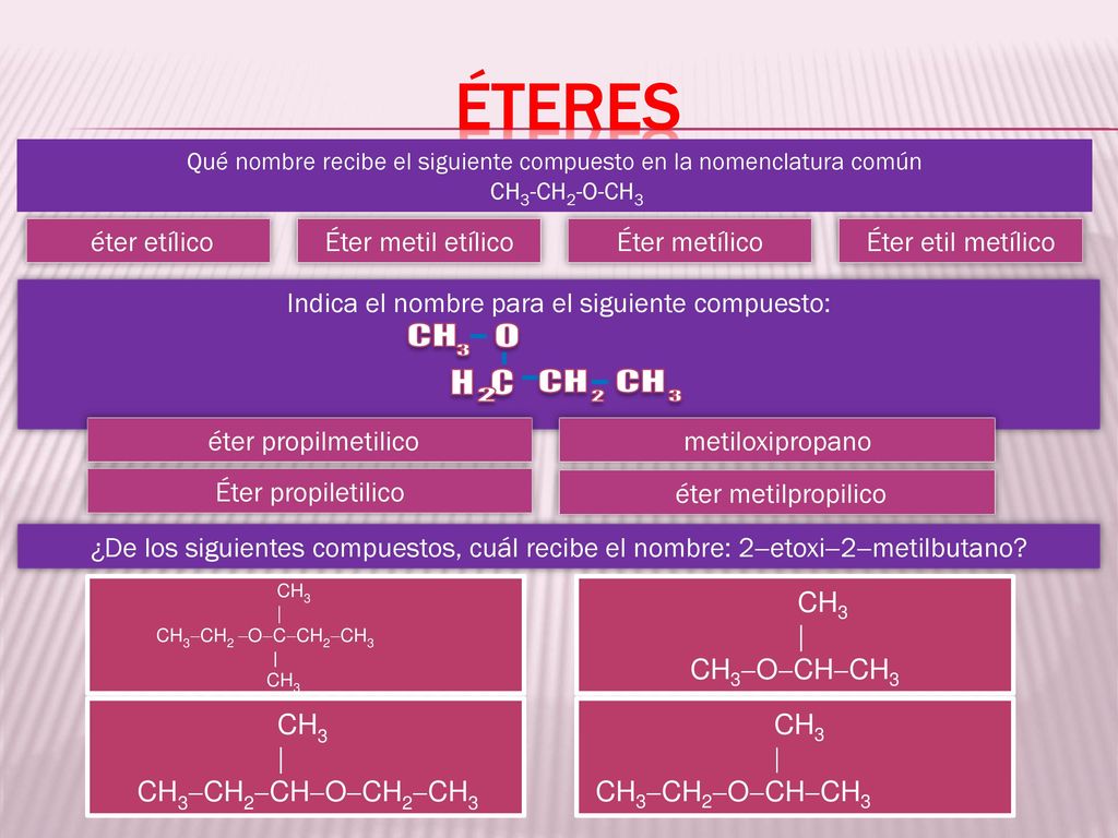éteres o CH 3 2 H C éter etílico Éter metil etílico Éter metílico
