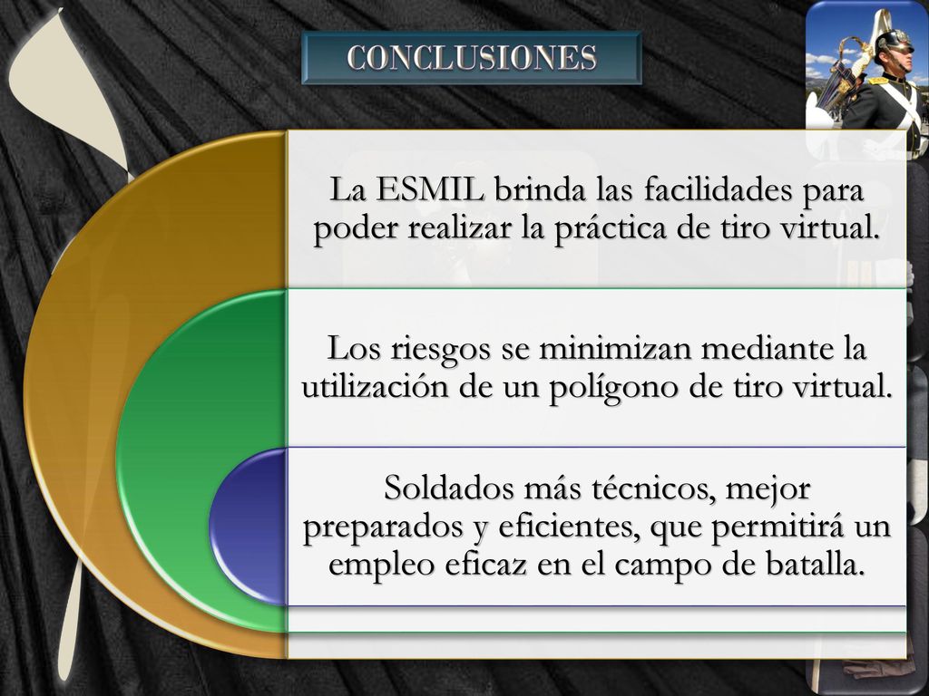 CONCLUSIONES La ESMIL brinda las facilidades para poder realizar la práctica de tiro virtual.