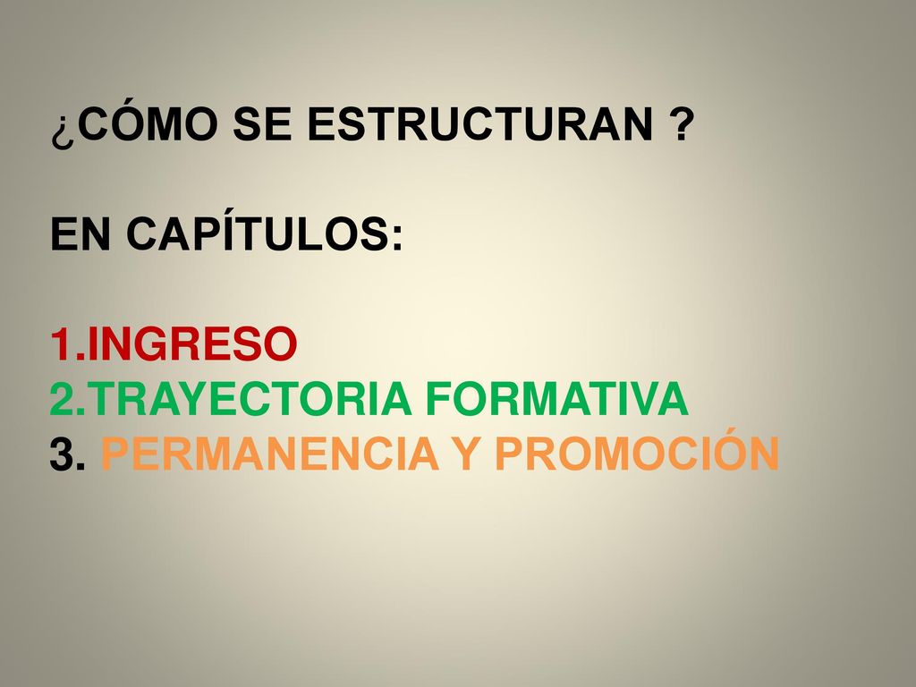 ¿CÓMO SE ESTRUCTURAN EN CAPÍTULOS: INGRESO TRAYECTORIA FORMATIVA PERMANENCIA Y PROMOCIÓN