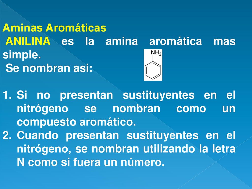 Aminas Aromáticas ANILINA es la amina aromática mas simple. Se nombran asi: