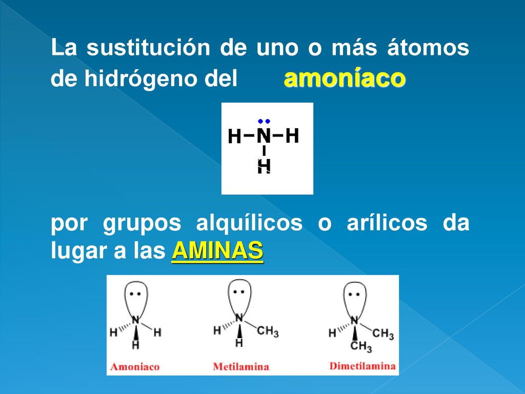 La sustitución de uno o más átomos de hidrógeno del amoníaco