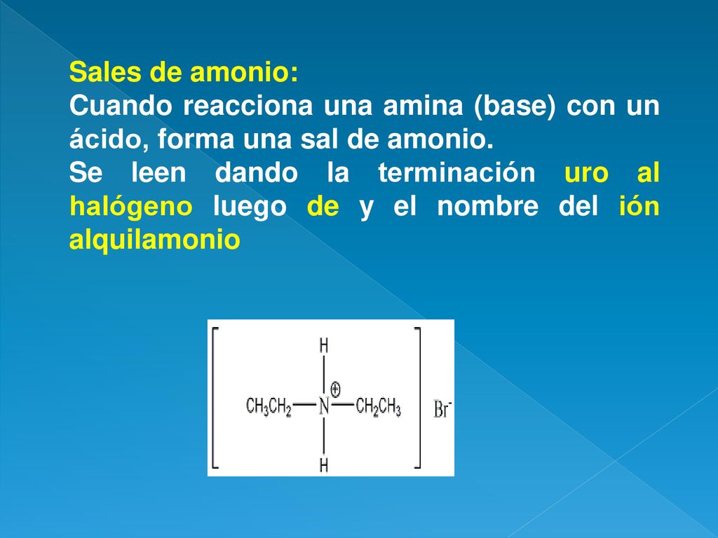 Sales de amonio: Cuando reacciona una amina (base) con un ácido, forma una sal de amonio.