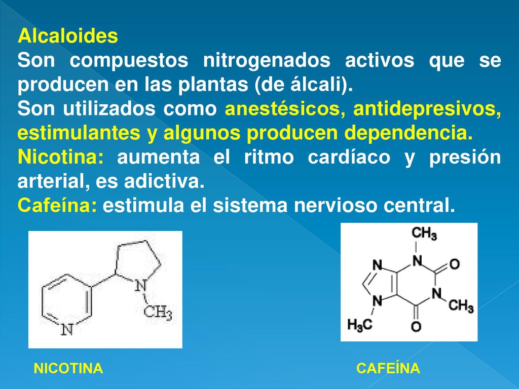 Nicotina: aumenta el ritmo cardíaco y presión arterial, es adictiva.