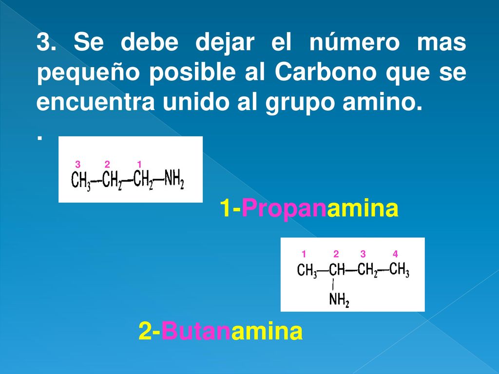 3. Se debe dejar el número mas pequeño posible al Carbono que se encuentra unido al grupo amino.