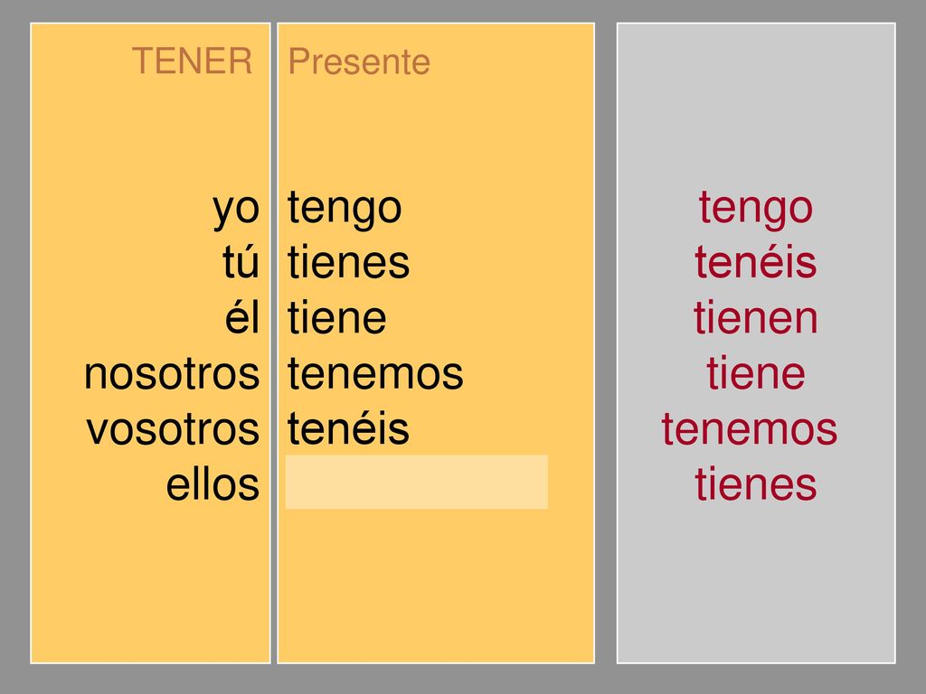 yo tú él nosotros vosotros ellos tengo tienes tiene tenemos tenéis