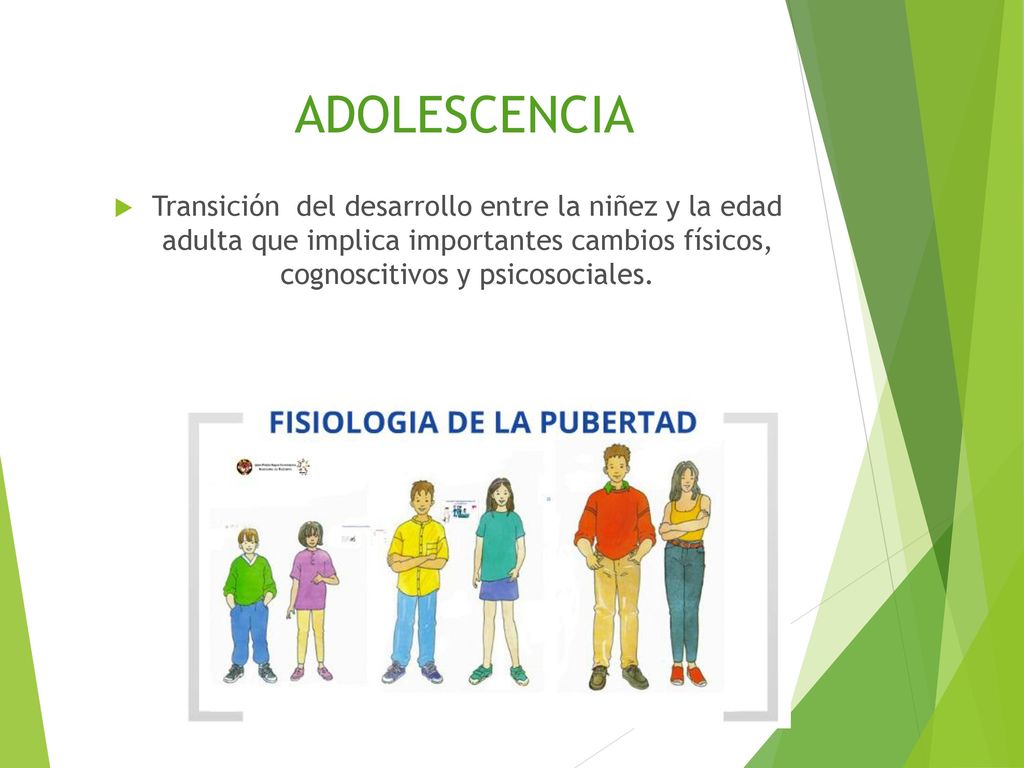 ADOLESCENCIA Transición del desarrollo entre la niñez y la edad adulta que implica importantes cambios físicos, cognoscitivos y psicosociales.