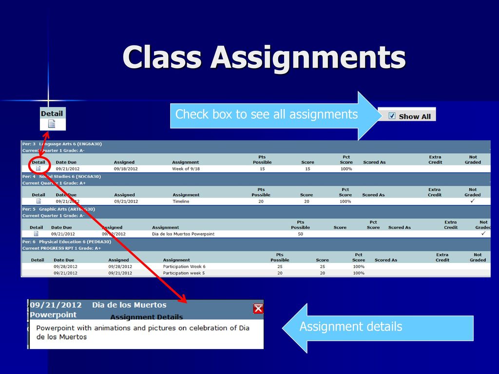 Class Assignments Check box to see all assignments Assignment details