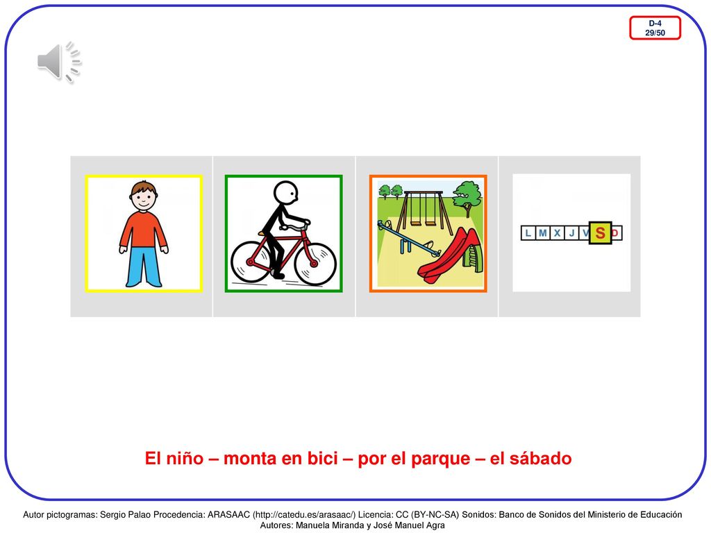 El niño – monta en bici – por el parque – el sábado